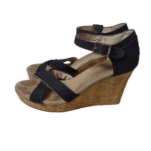 Toms Black Woven Cork Wedges Sandals Women's Size 9 Open Toe